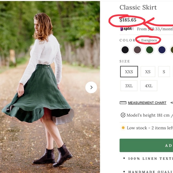 SON DE FLOR CLASSIC EVERGREEN LINEN SKIRT - XL - Picture 4 of 5